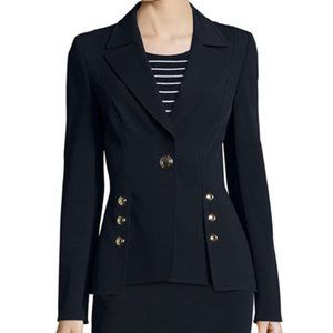 BRAND NEW WOMENS NAVY ESCADA BENINA ONE-BUTTON SCUBA PEPLUM JACKET - SIZE 38 (8)